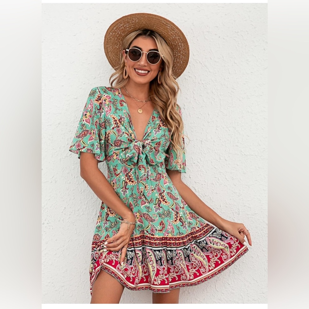 Medium Floral Print Tie Front Flutter Sleeve Ruffle Hem Dress Women's Boho